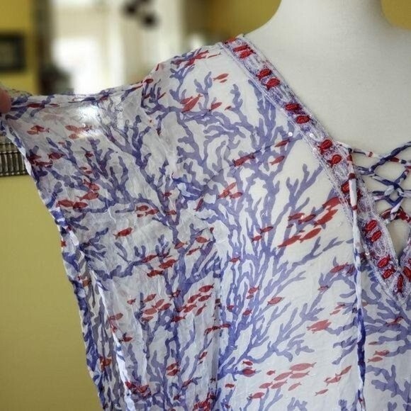 Letarte Silk Sheer Fish and Coral Print Lace Up Swim Coverup with Beads/Sequins - Picture 7 of 7